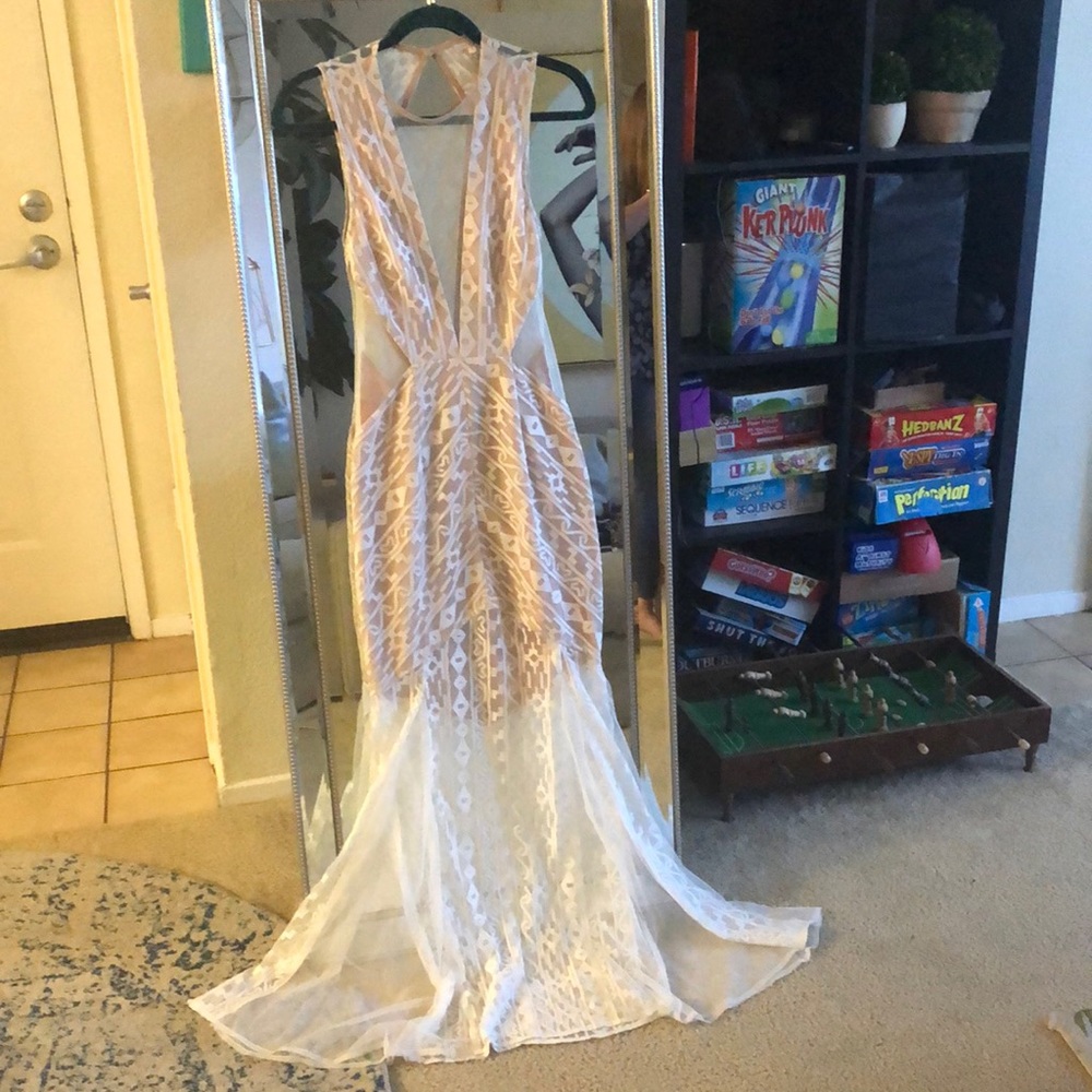 White and nude mermaid dress with sheer cutouts